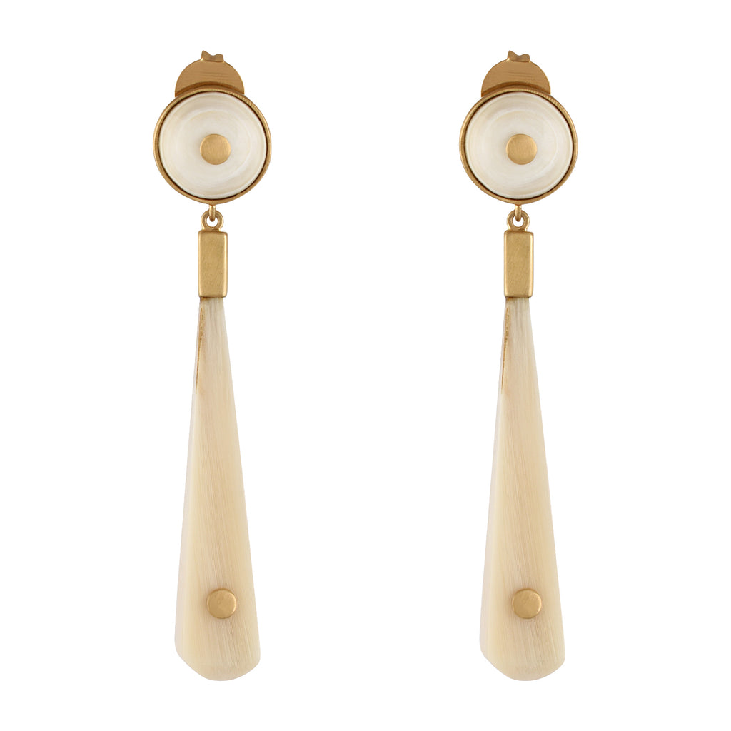 Pair of earrings with gold and white buffalo horn on a white background