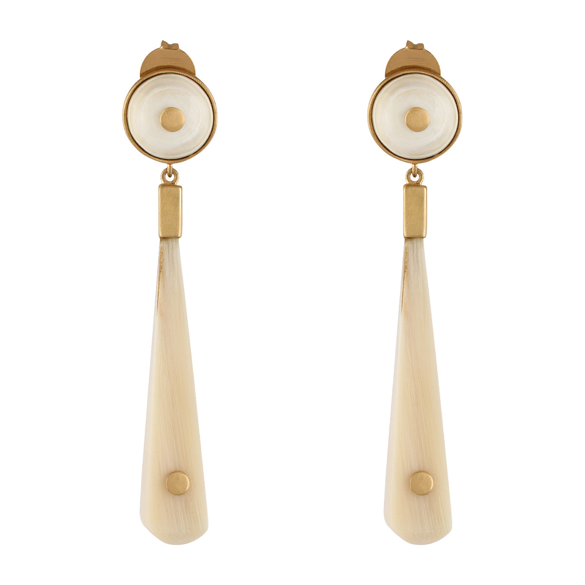 Pair of earrings with gold and white buffalo horn on a white background