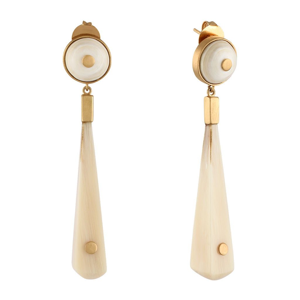 Pair of earrings with gold and white buffalo horn on a white background