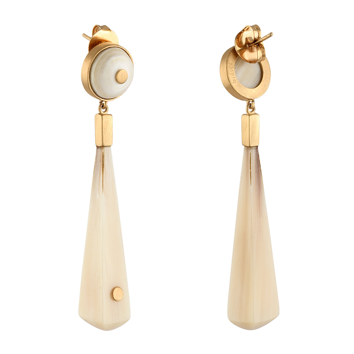 Pair of earrings with gold and white buffalo horn on a white background
