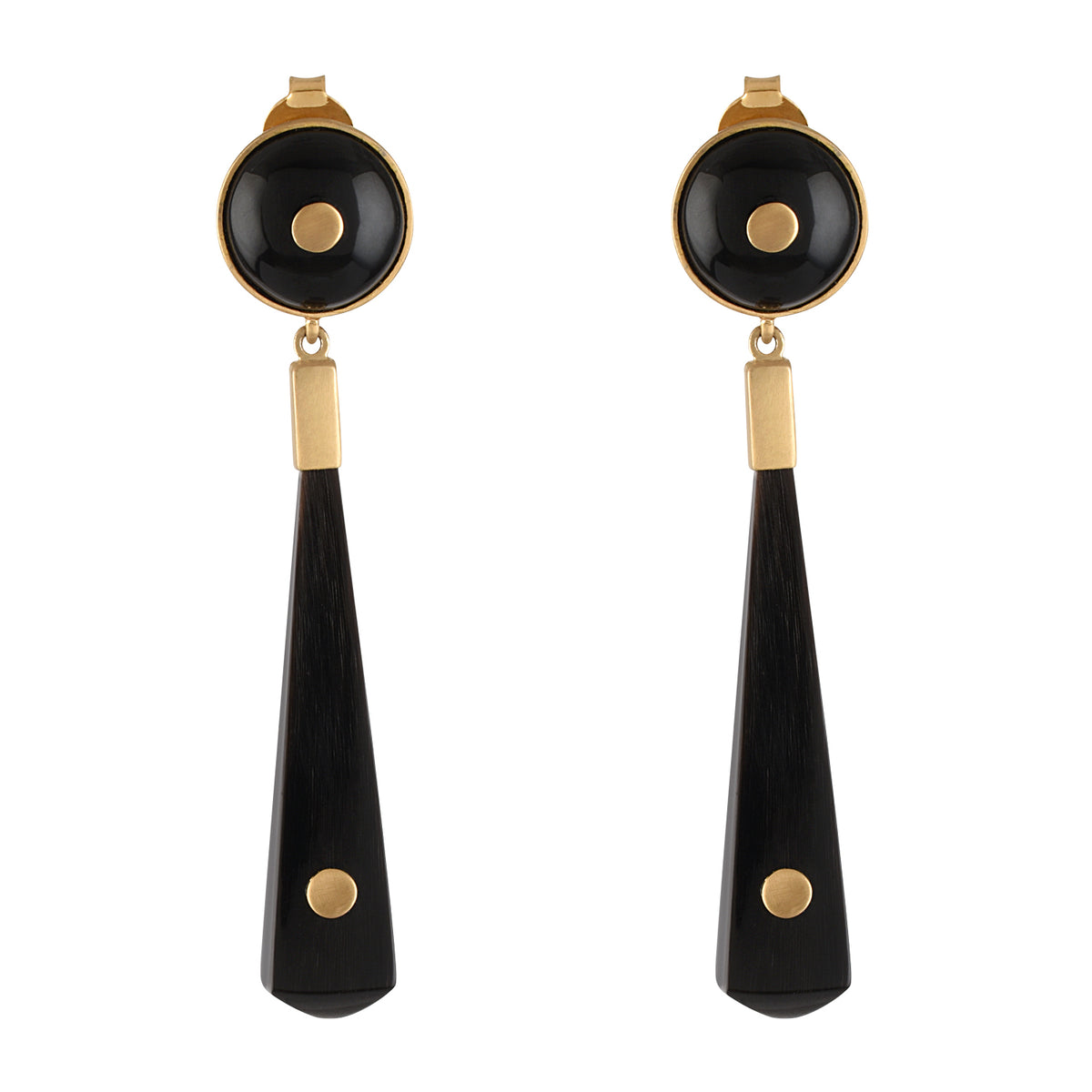 Pair of earrings with gold and black buffalo horn on a white background