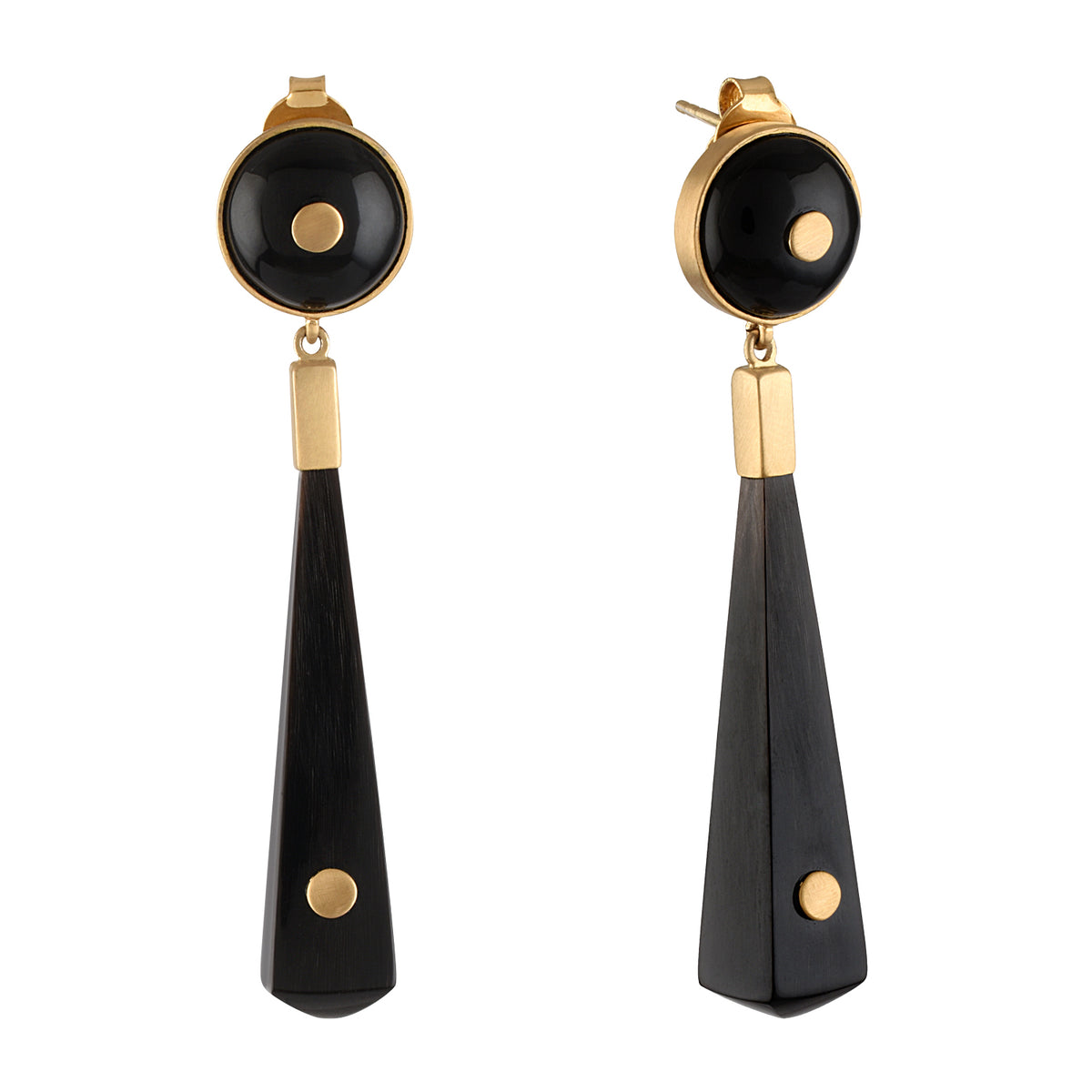 Pair of earrings with gold and white buffalo horn on a white background