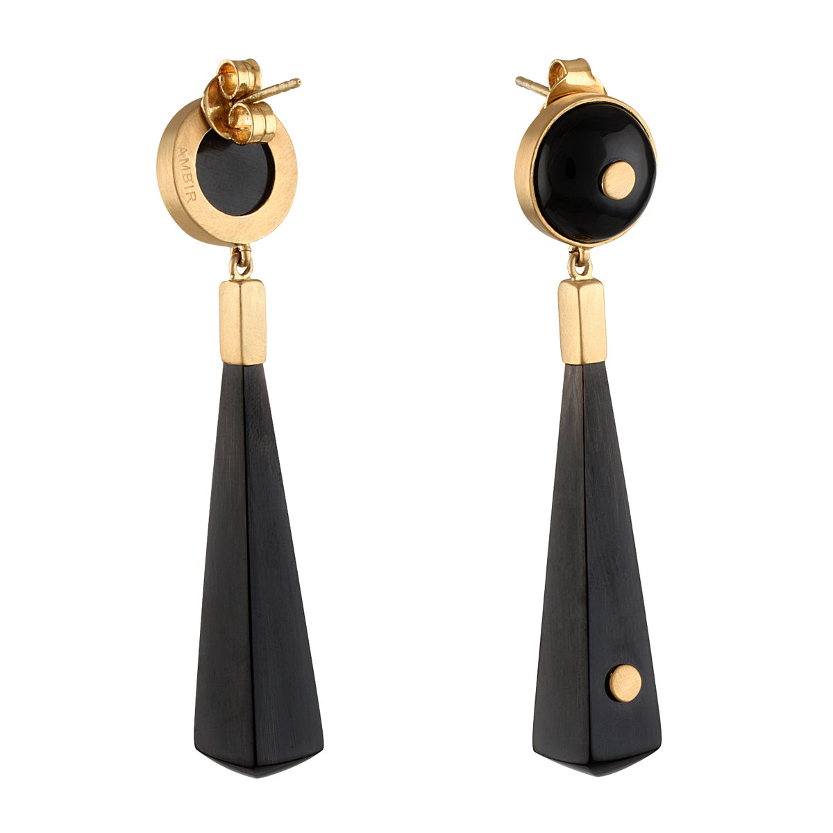 Pair of earrings with gold and white buffalo horn on a white background