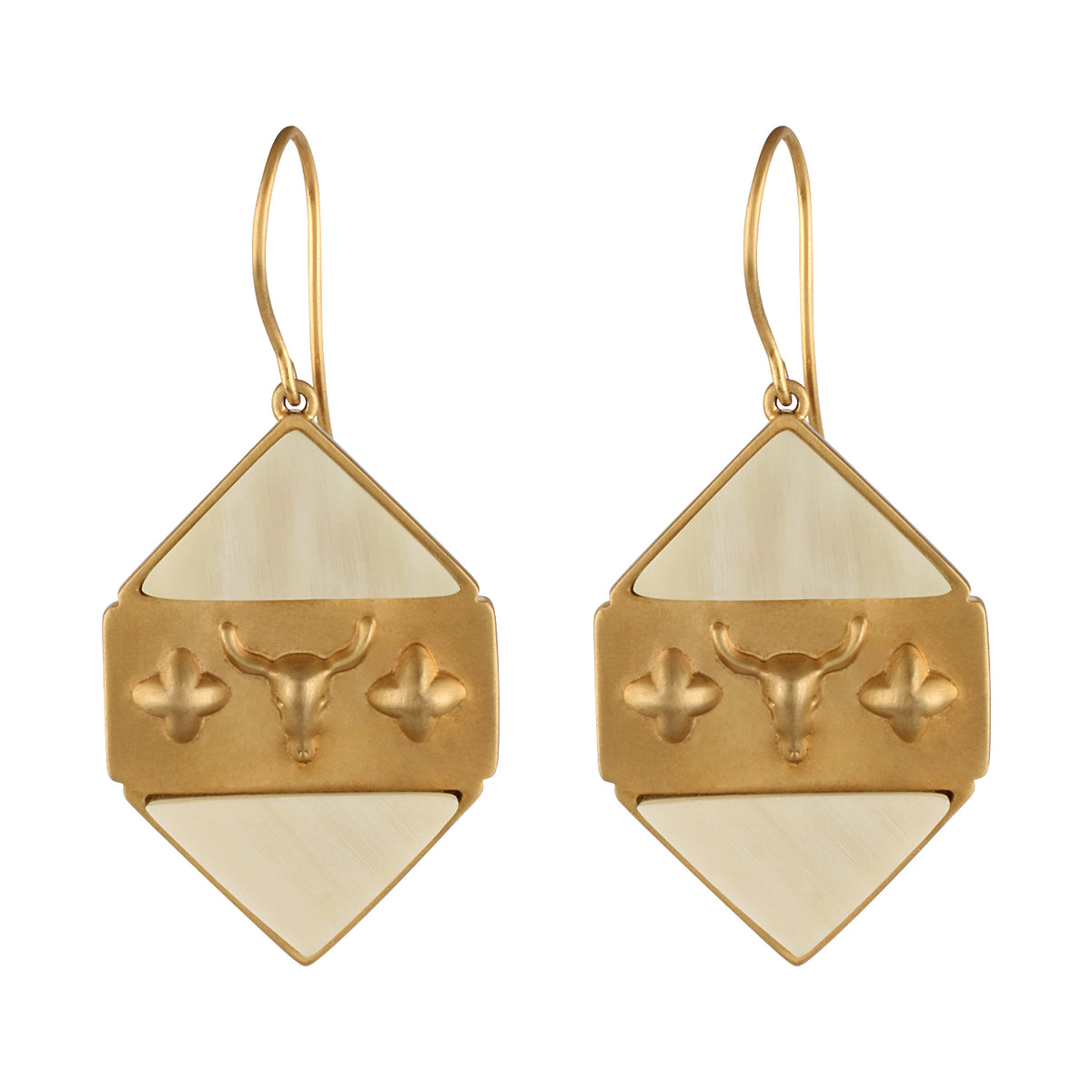 Gold and beige earrings with a buffalo head design on a white background