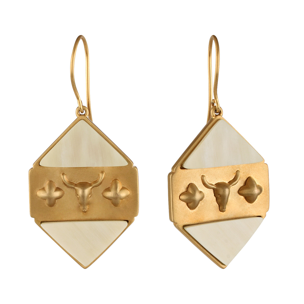 Pair of gold and black earrings on a white background