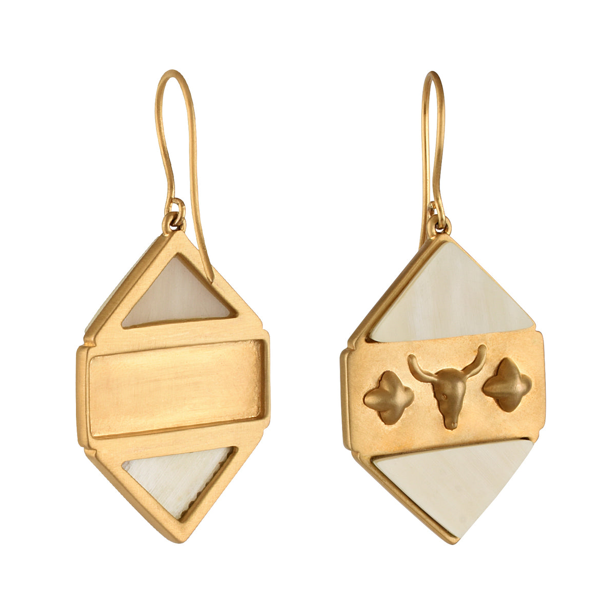 Pair of gold and black earrings on a white background