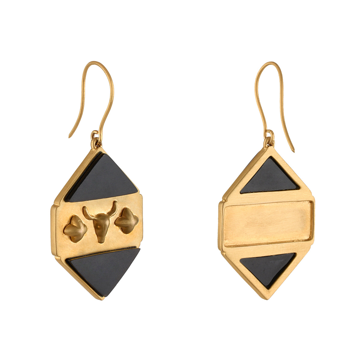 Gold and black earrings on a white background