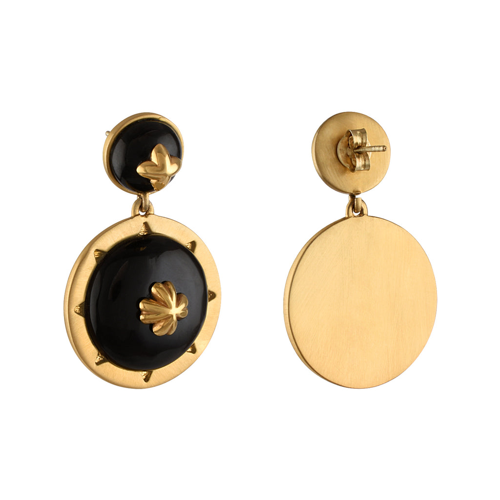 Pair of gold and black earrings on a white background