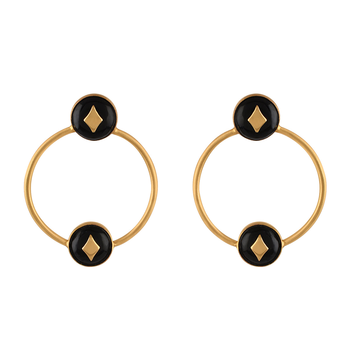 Pair of gold hoop earrings with black circular centers and gold accents on a white background