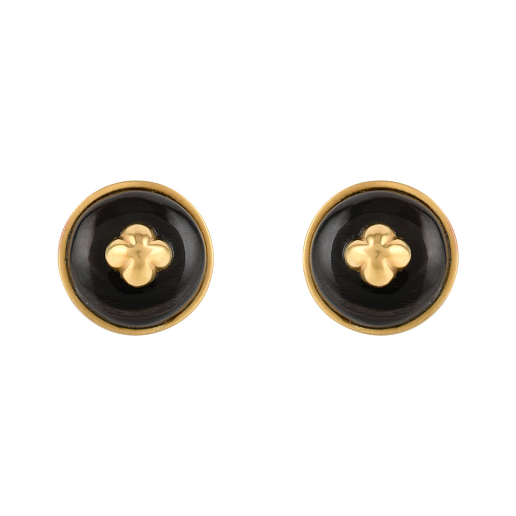 Pair of black and gold earrings on a white background