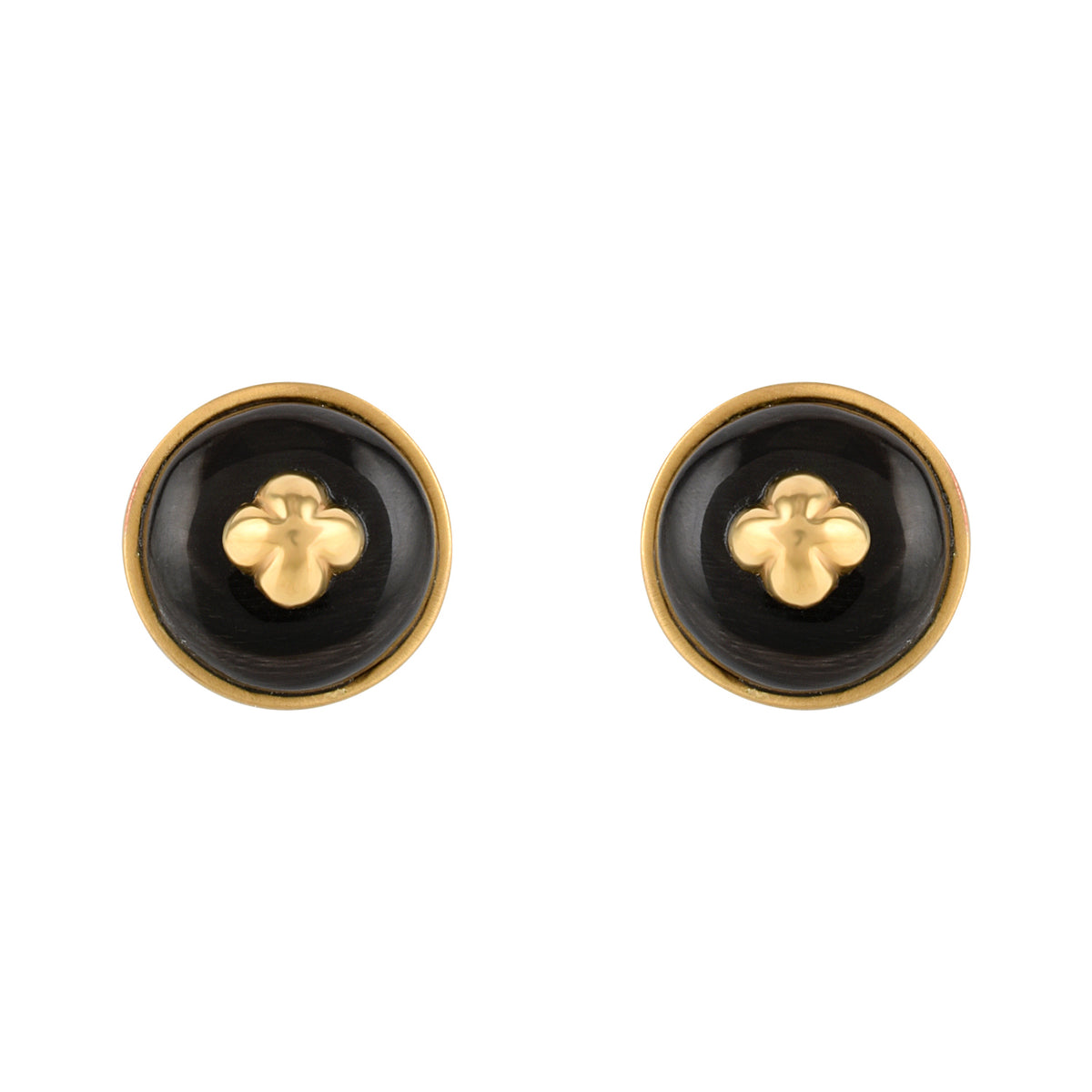 Pair of black and gold earrings on a white background