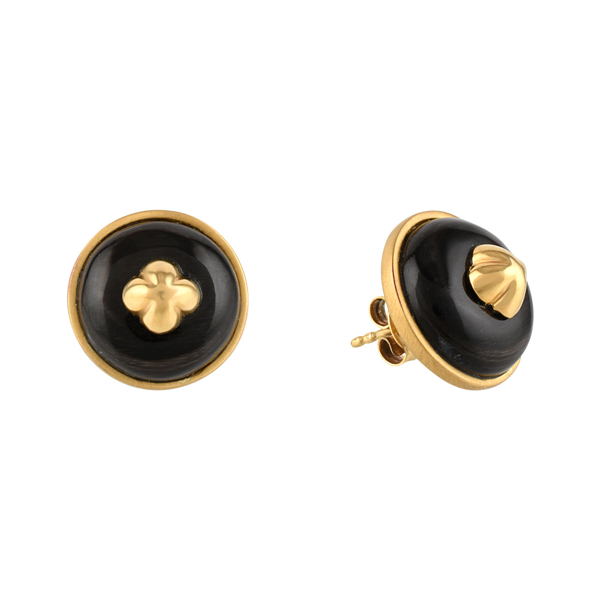 Pair of black and gold earrings on a white background