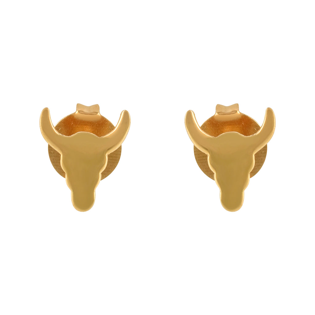 Gold bull head-shaped earrings on a white background