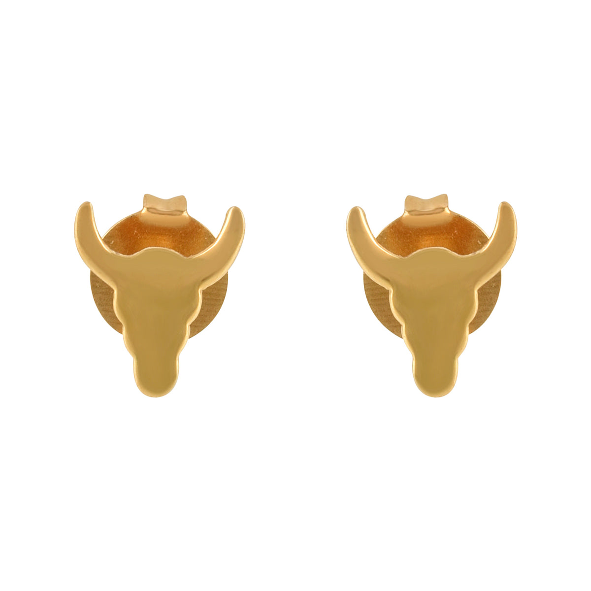 Gold bull head-shaped earrings on a white background