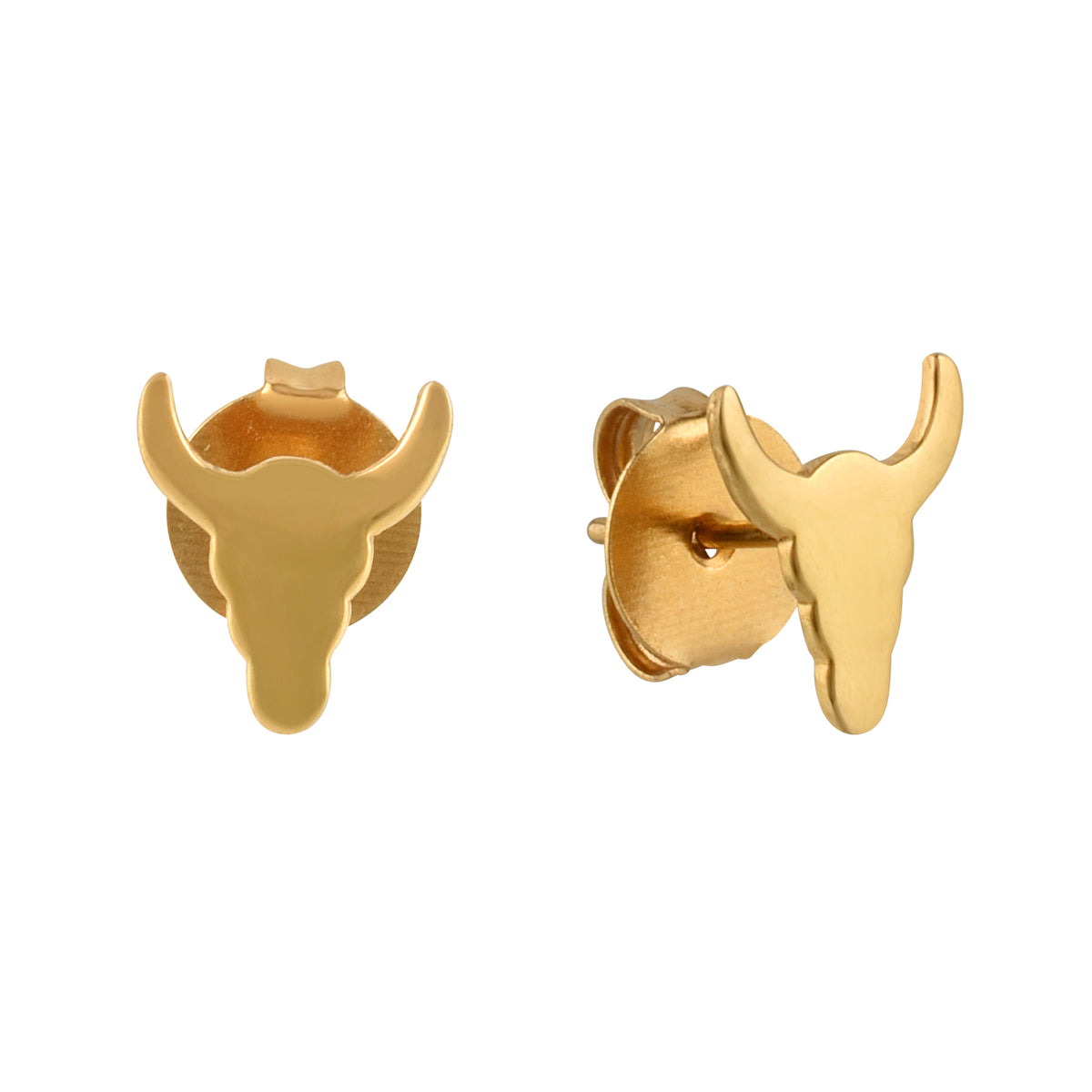 Gold bull head earrings on a white background