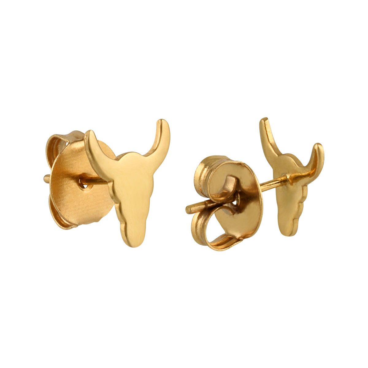 Gold bull head earrings on a white background