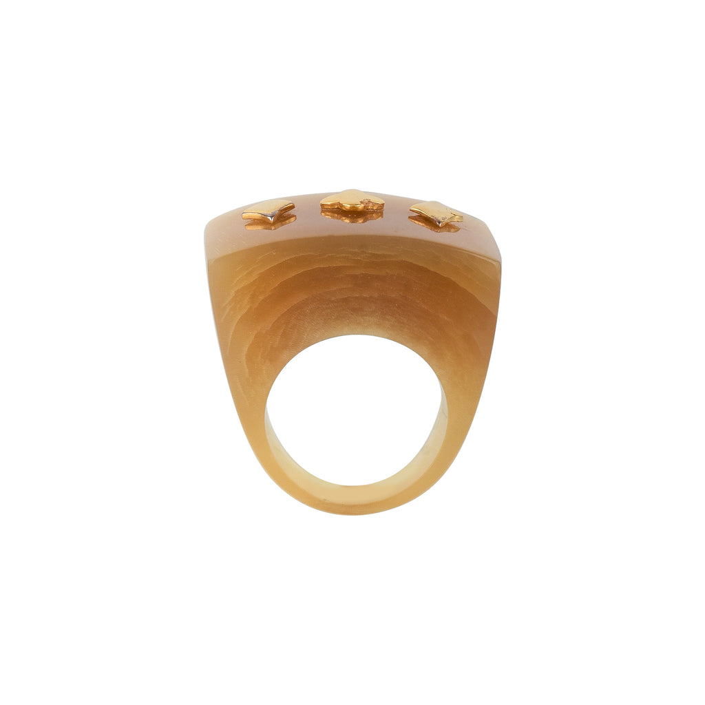 Buffalo horn ring with geometric designs on a white background