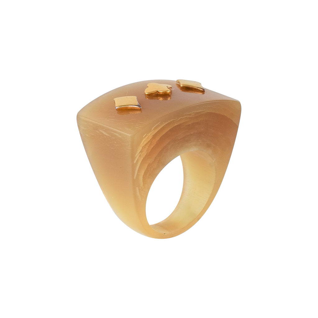 Buffalo horn ring with geometric designs on a white background