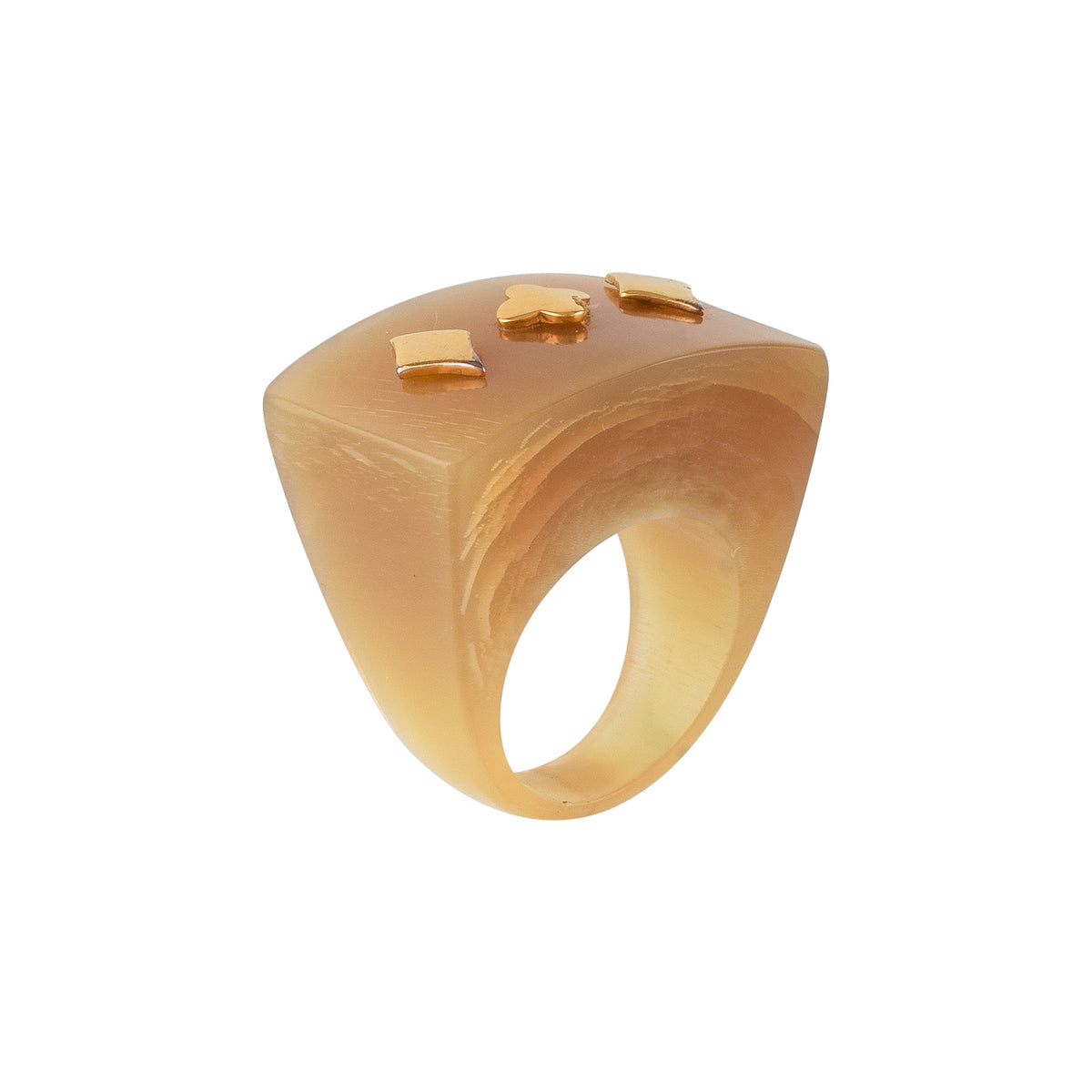 Buffalo horn ring with geometric designs on a white background