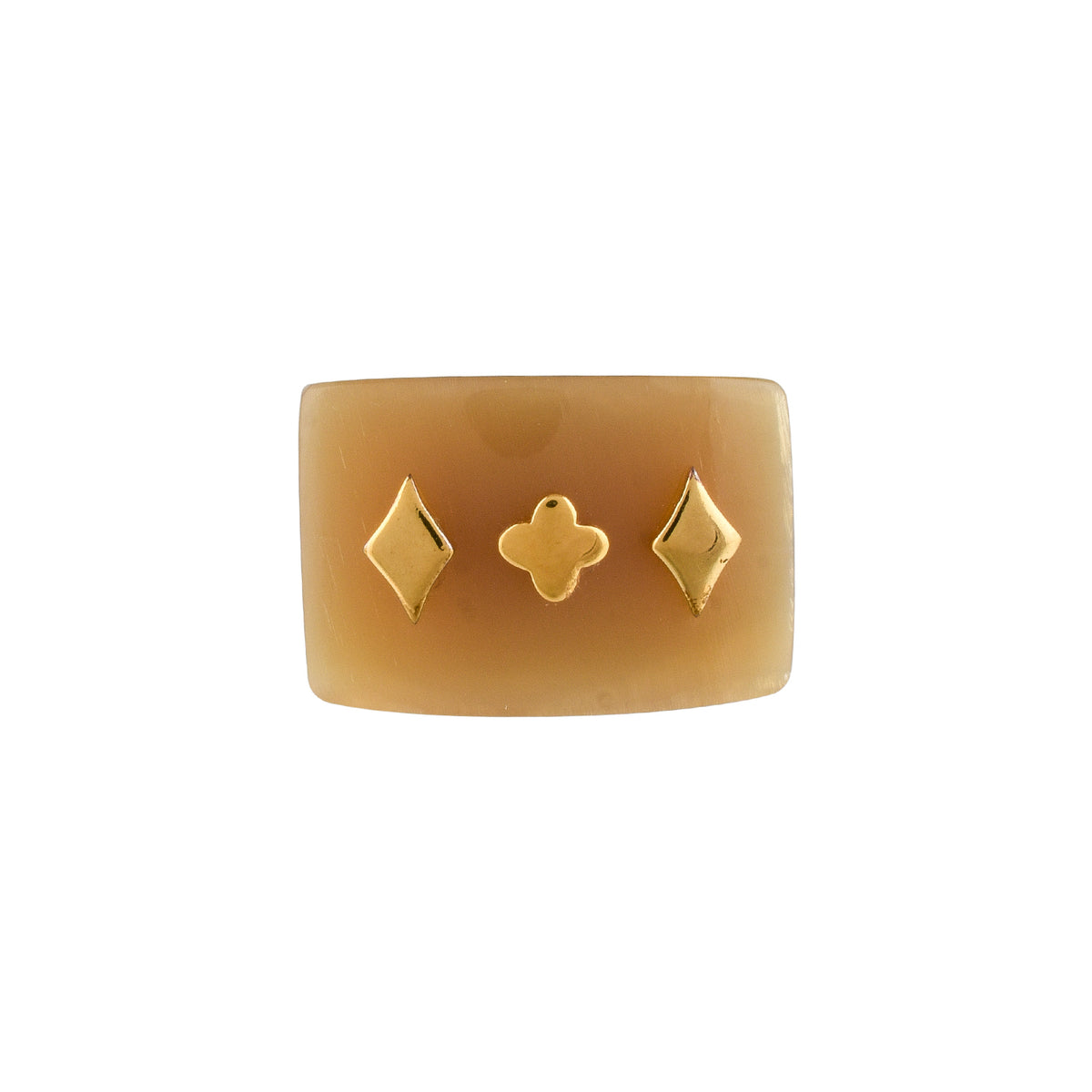 Buffalo horn ring with geometric designs on a white background
