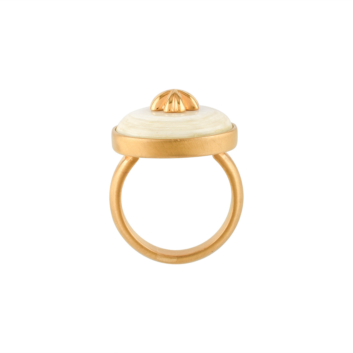 Gold ring with a white buffalo horn material and gold accent on a white background