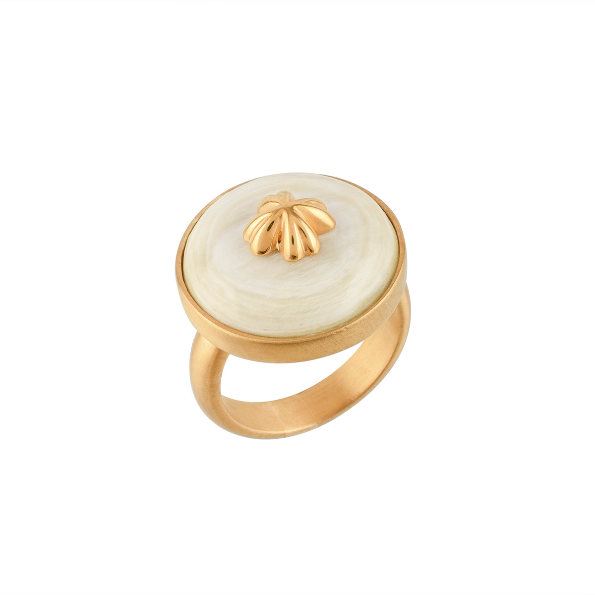 Gold ring with a white buffalo horn material and gold accent on a white background