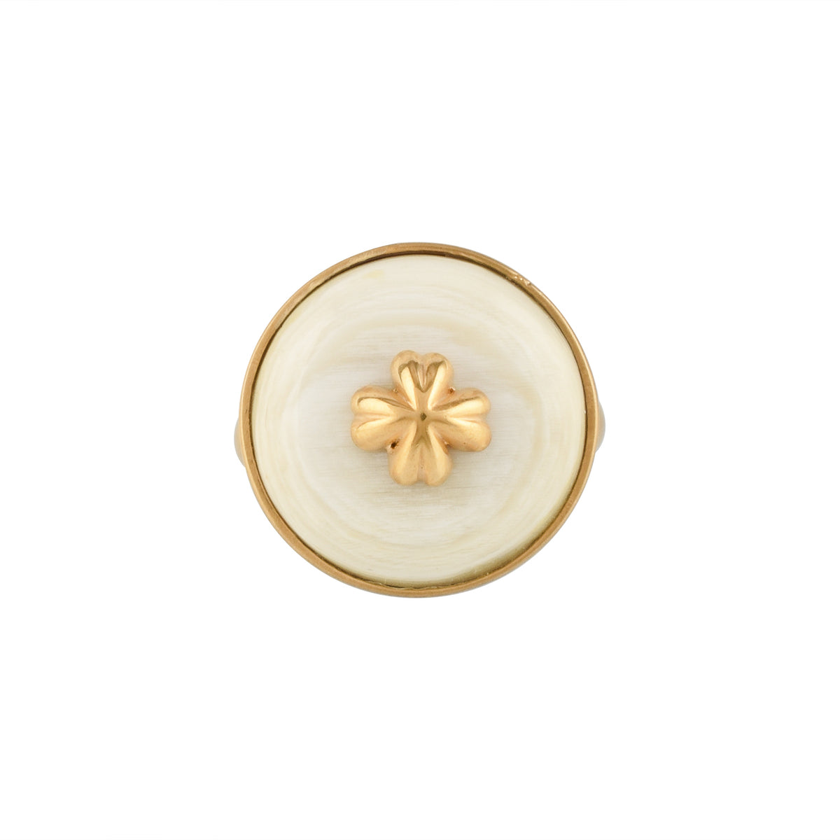 Gold ring with a white buffalo horn material and gold accent on a white background