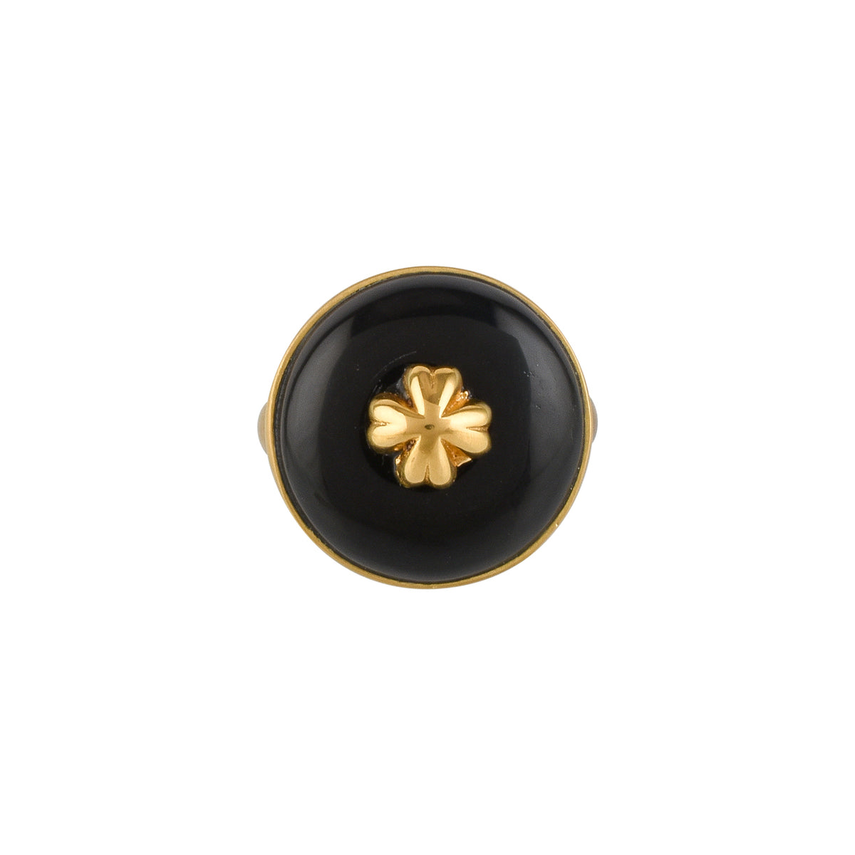 Gold ring with a black circular buffalo horn material and gold floral design on a white background