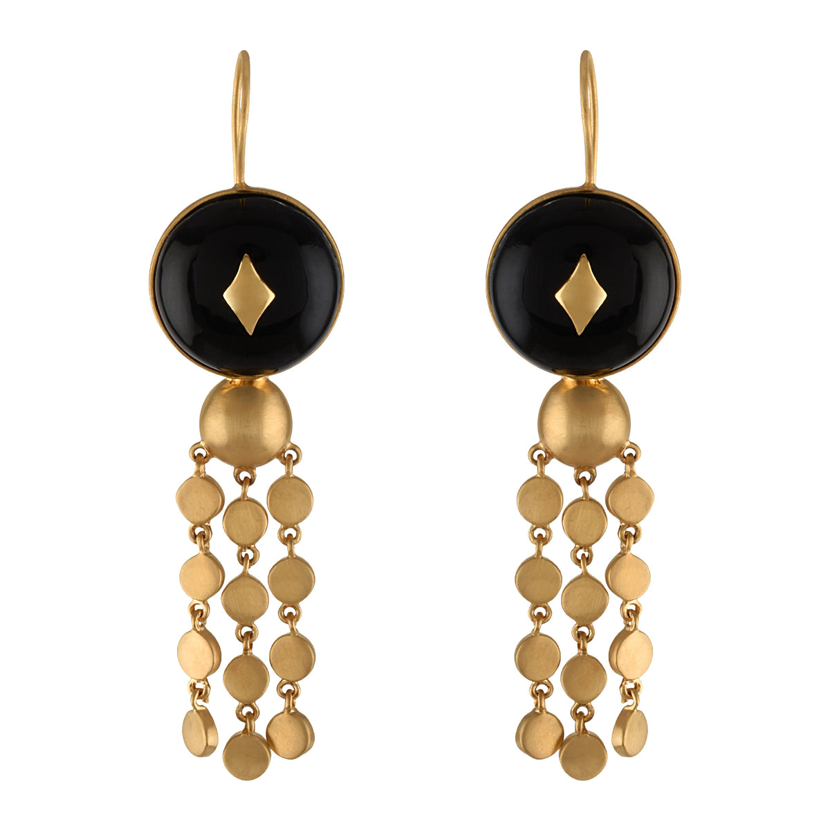 Gold and black earrings with buffalo horn beads on a white background
