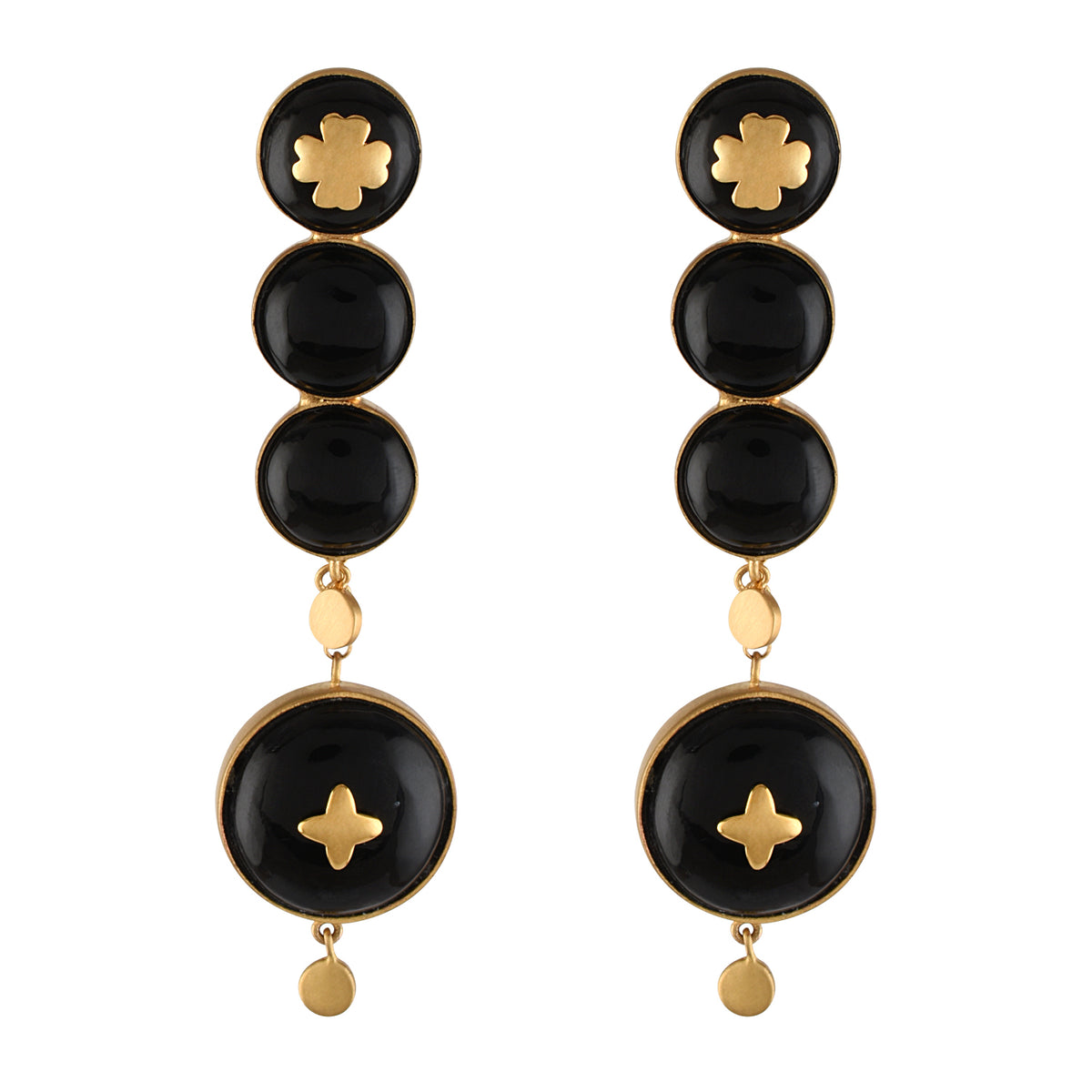 Pair of black and gold earrings on a white background