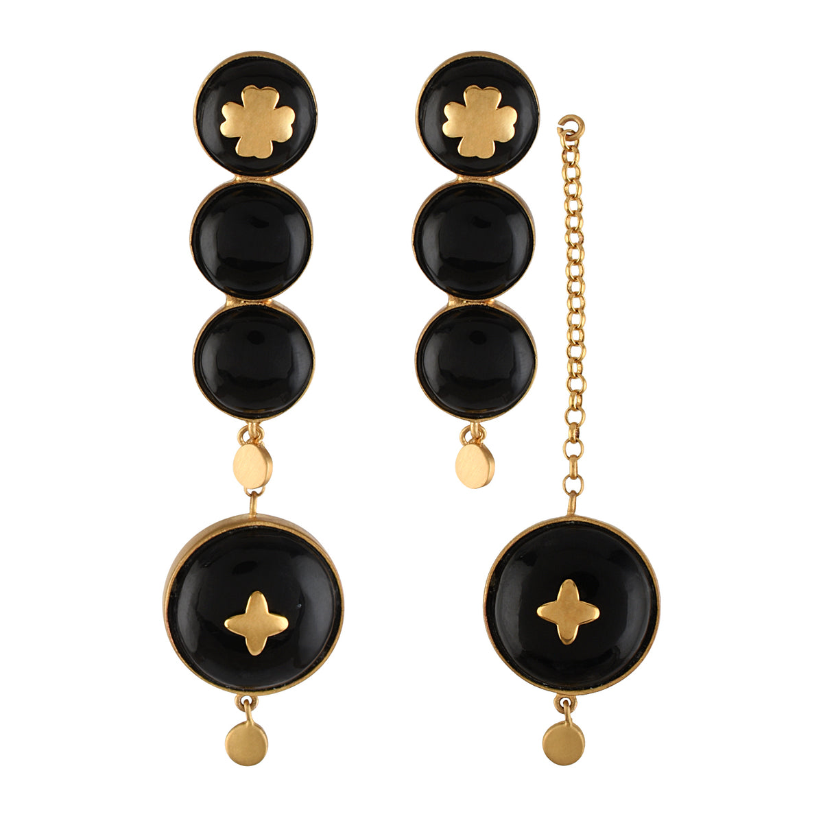 Pair of black and gold earrings on a white background