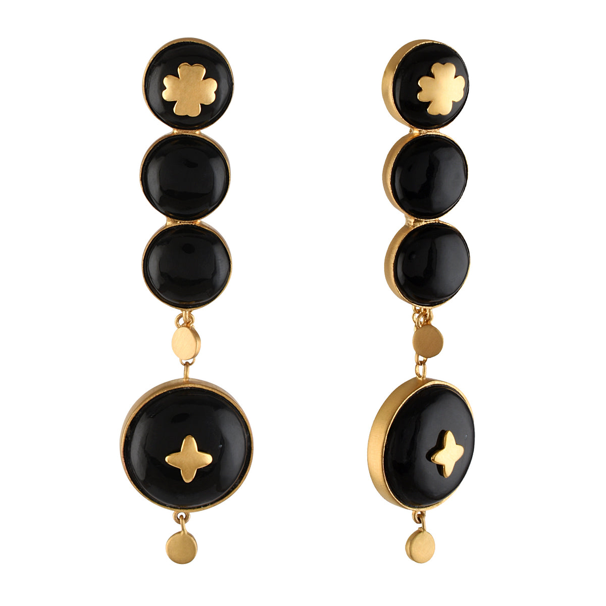 Pair of black and gold earrings on a white background