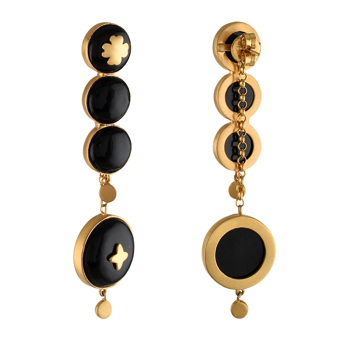 Pair of black and gold earrings on a white background