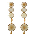Pair of gold and white color earrings on a white background
