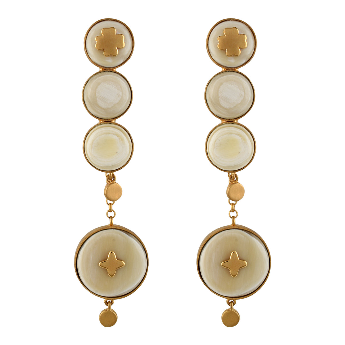 Pair of gold and white color earrings on a white background