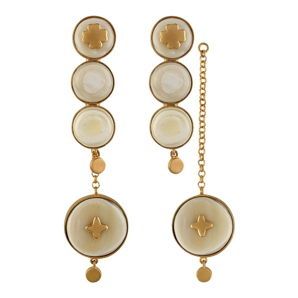 Pair of gold and white color earrings on a white background