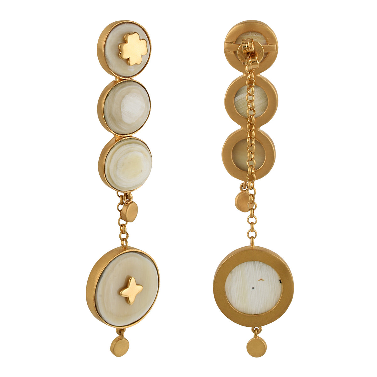 Pair of gold and white color earrings on a white background