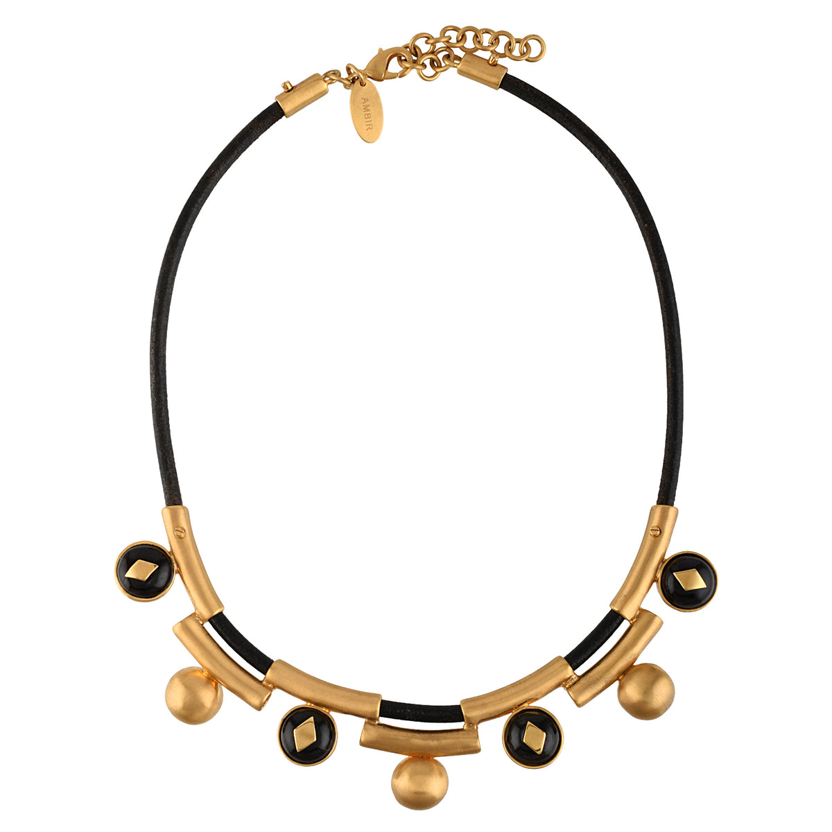 Gold and black necklace on a white background