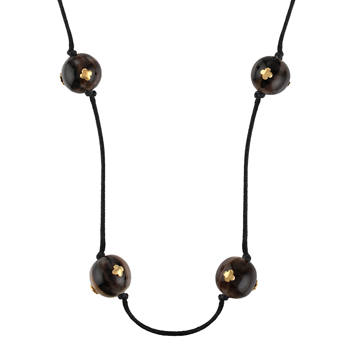 Necklace with black cord and buffalo horn beads on a white background
