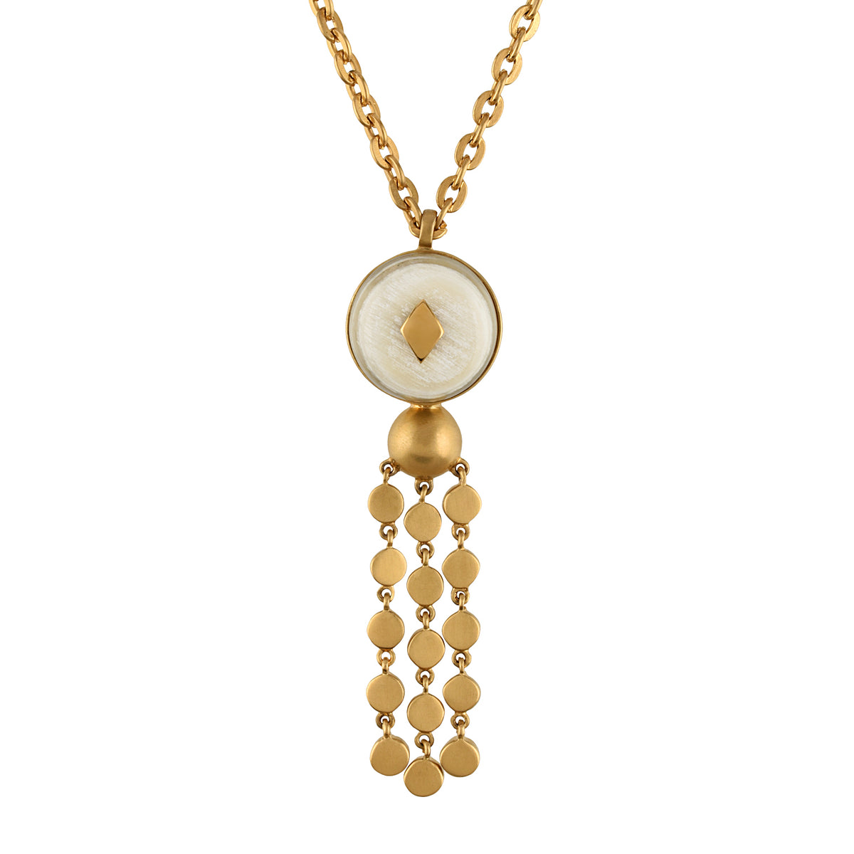 Gold necklace with a circular pendant and dangling beads on a white background