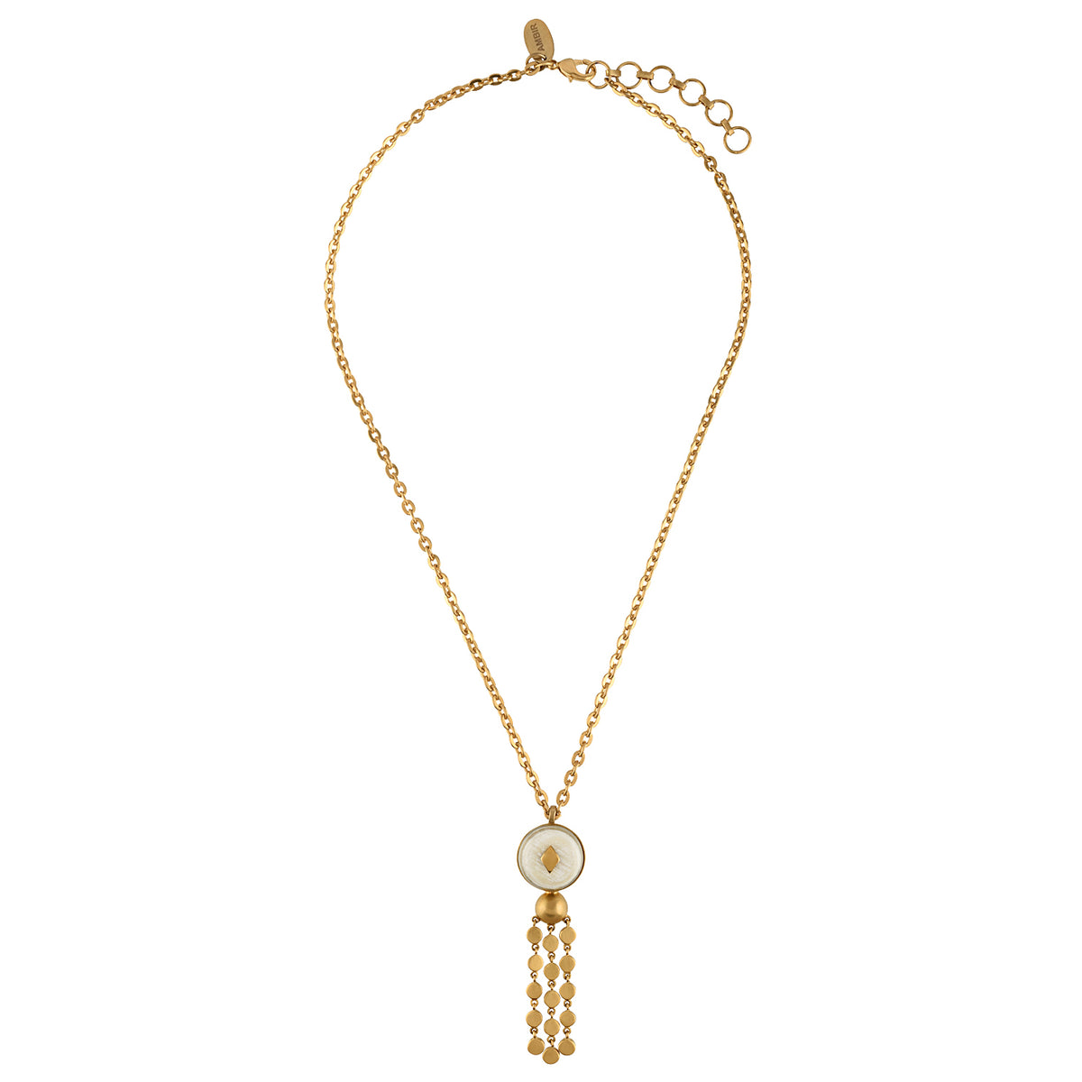 Gold necklace with a pendant on a white background.