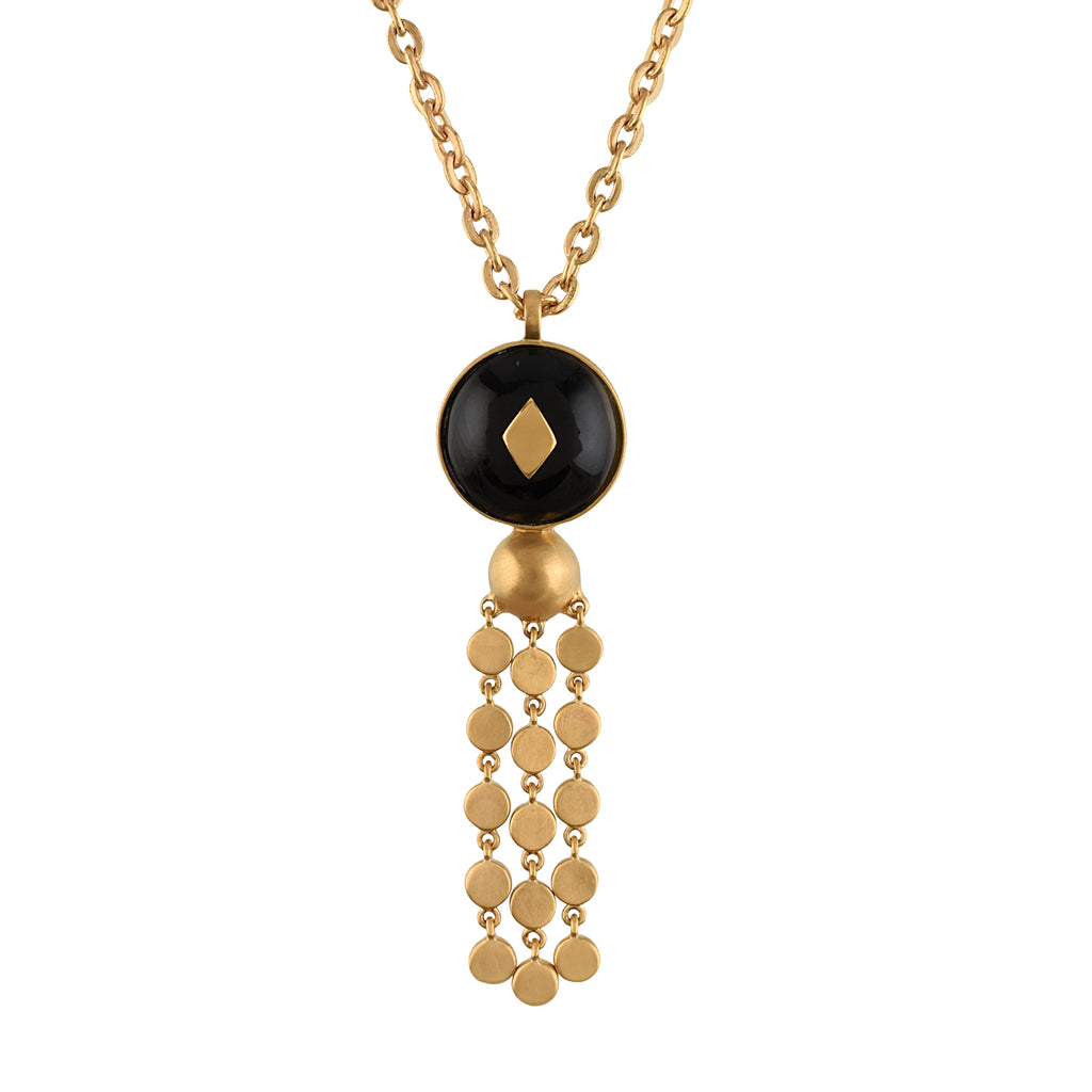 Gold necklace with black pendant and gold droplets on a white background