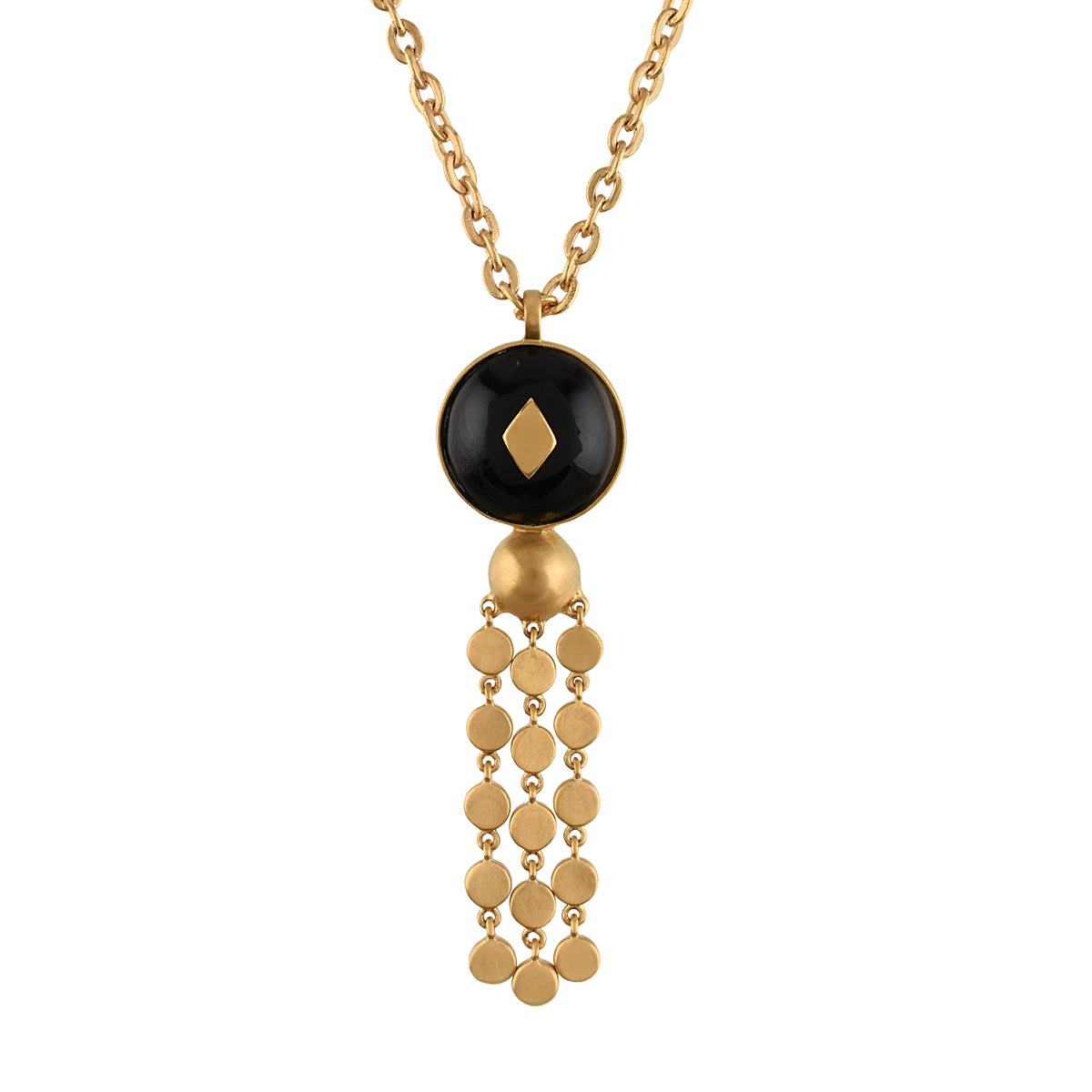 Gold necklace with black pendant and gold droplets on a white background