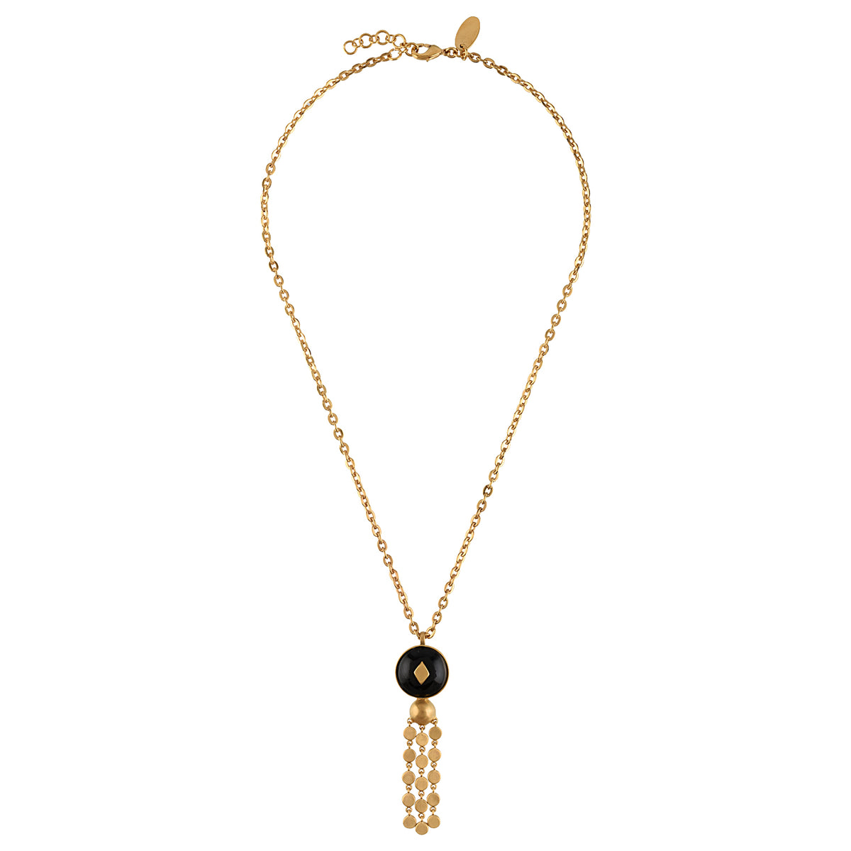 Gold necklace with a black pendant on a white background