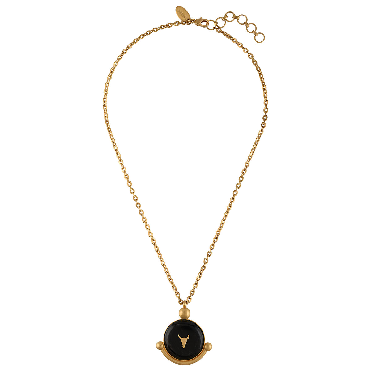 Gold chain with a black pendant on a white background